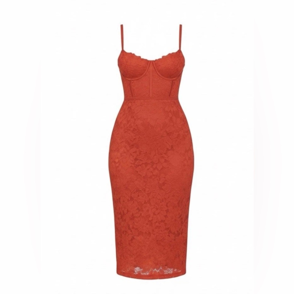 Fashion Nova Red Orange Floral Lace Corset Midi Dress | Size Small | Date Night